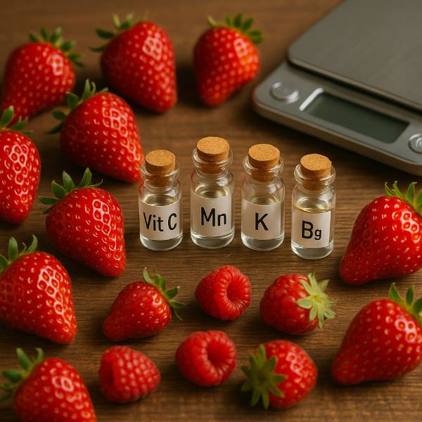 Gros plan de fraises entourées de flacons illustrant leurs nutriments