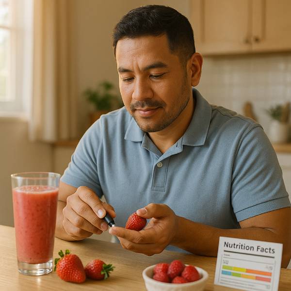 Homme contrôlant sa glycémie près d’un smoothie aux fraises