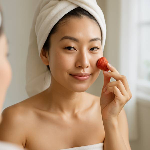 Jeune femme utilisant une fraise comme soin beauté devant un miroir