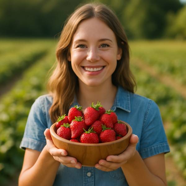 Jeune femme souriante tenant un bol de fraises fraîches dans un champ